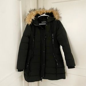 Womens GUESS Winter Puffer Coat with Removable Fur Hood